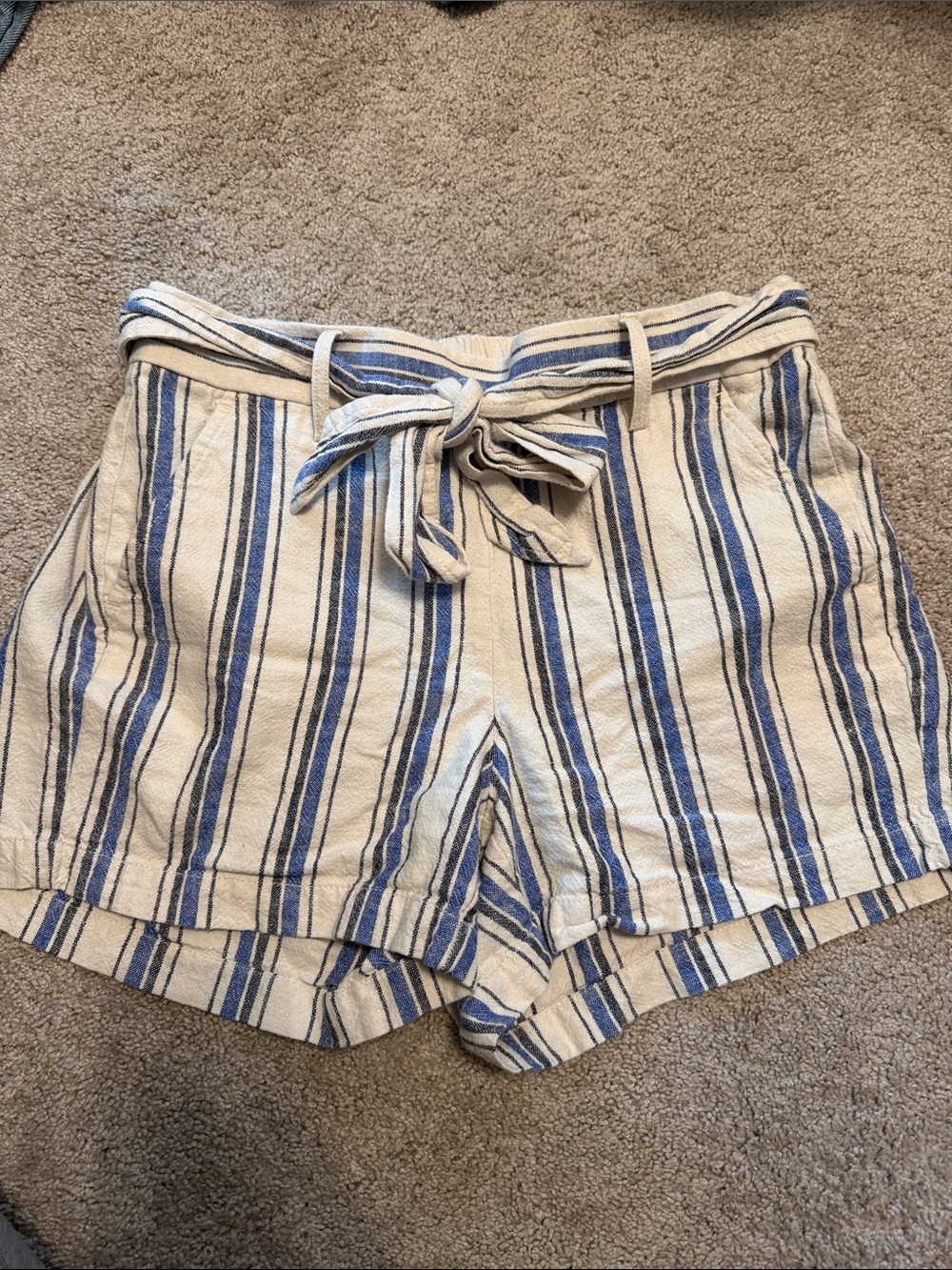 J. Crew Linen Blue and Cream Striped Tie-Waist High-Rise Shorts